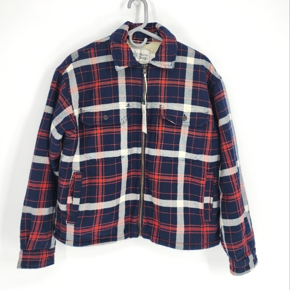 Alpine Design NWT Sherpa Lined Full Zip Jacket Navy Trail Ridge Plaid Small